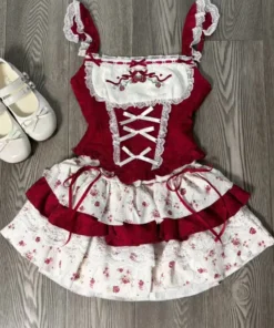 Strawberry Delight Vintage Lolita Dress - Sweet Red and White Lace Ensemble 2 Piece Set 1