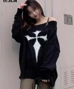 Gothic Harajuku Oversized Punk Sweater – Off-Shoulder Dark Grunge Pullover 6