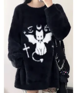 Devil Black Cat Crewneck Sweater – Loose Knit Y2K Casual Jumper 1