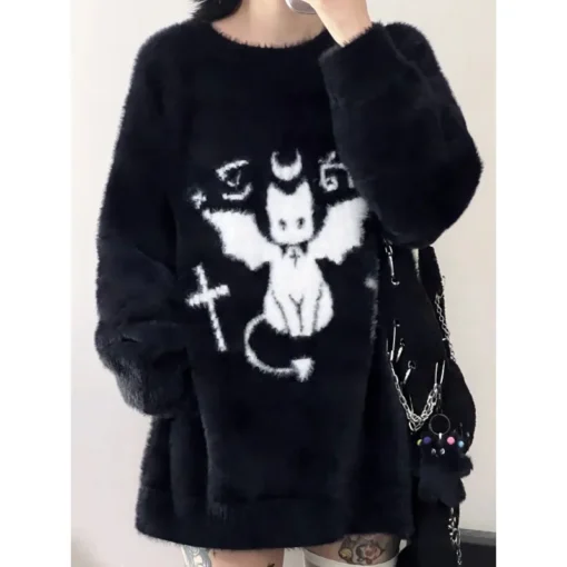 Devil Black Cat Crewneck Sweater – Loose Knit Y2K Casual Jumper 1