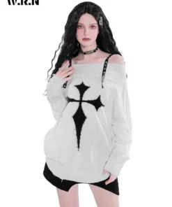 Gothic Harajuku Oversized Punk Sweater – Off-Shoulder Dark Grunge Pullover 4