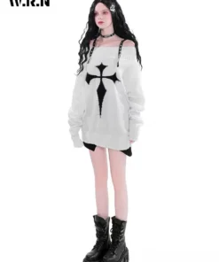 Gothic Harajuku Oversized Punk Sweater – Off-Shoulder Dark Grunge Pullover 3