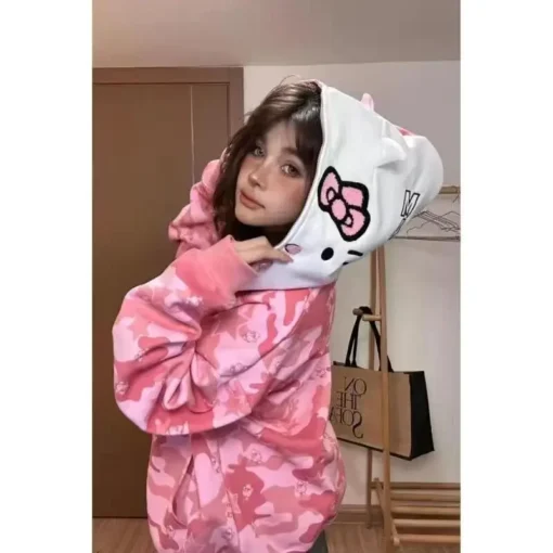 Sanrio Hello Kitty Oversized Zip Hoodie – Y2K Loose Fit Streetwear Cardigan Coat 2