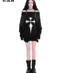 Gothic Harajuku Oversized Punk Sweater – Off-Shoulder Dark Grunge Pullover 1