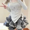 Autumn Kawaii Rabbit Print Two-Piece Set – Slim Fit Top & Princess Cake Skirt 1