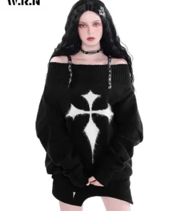 Gothic Harajuku Oversized Punk Sweater – Off-Shoulder Dark Grunge Pullover 2