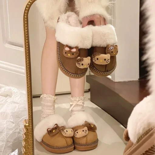 Cartoon Hellokittys Plush Doll Cute Cotton Slippers Kawaii Autumn Winter Warm Brown Cotton Shoes Soft Soled Non Slip Home Shoes 5