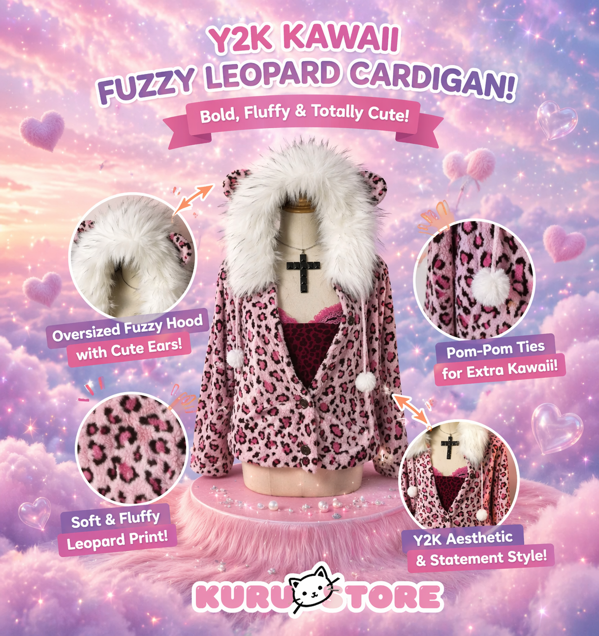 Y2K Pink Leopard Print Hoodie - Kuru Store